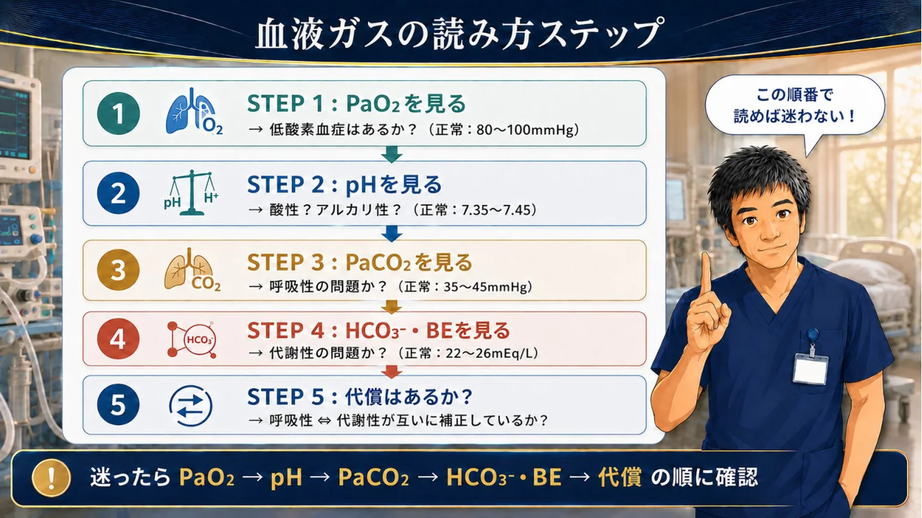 血液ガスの読み方ステップ