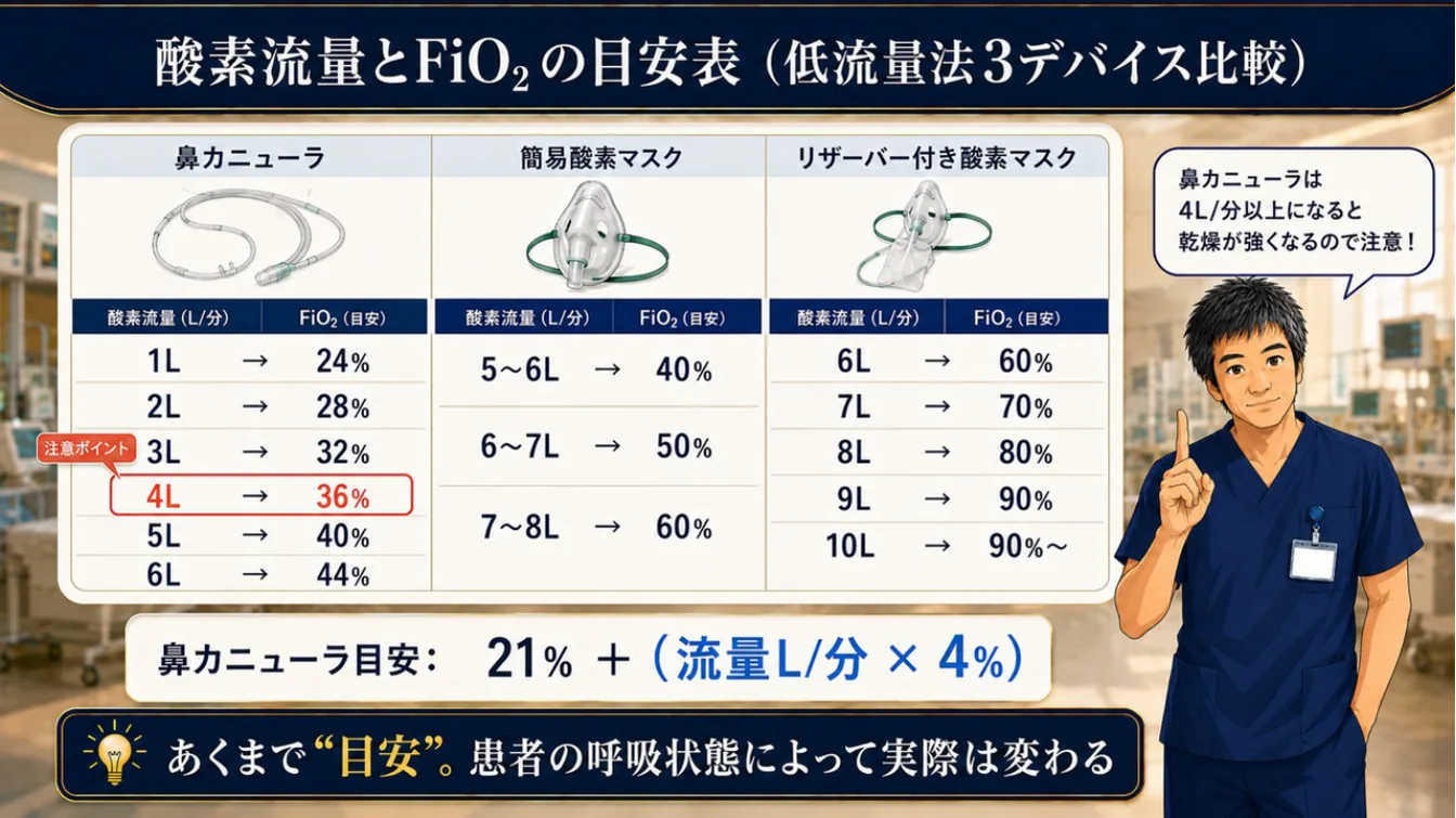 酸素流量とFiO₂の目安表